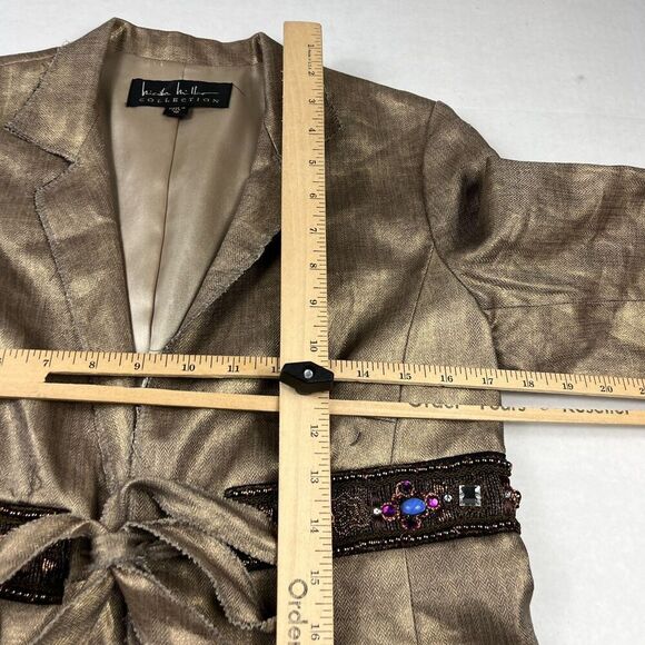Nicole Miller Collection Linen Tie Front Blazer Metallic Gold Jacket Size 10 - Picture 7 of 11